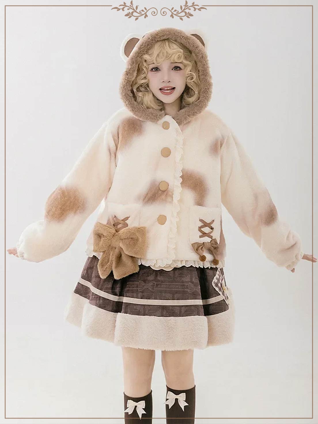 Cute Plush Hooded Jacket Bear Ear Print Plush Jacket Warm Lolita Winter Lolita Coats