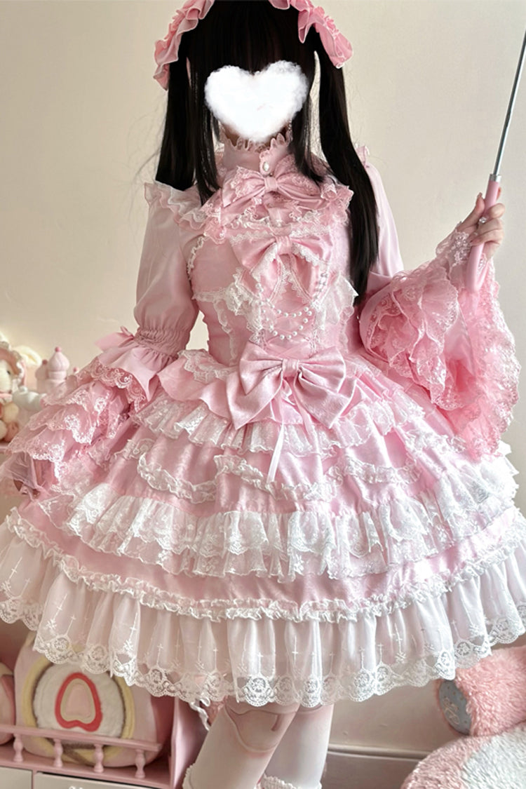 Pink Love and Heart Flutter Sleeveless Multi-Layered Ruffle Bowknot Lace Pearl Sweet Lolita Jsk Dress