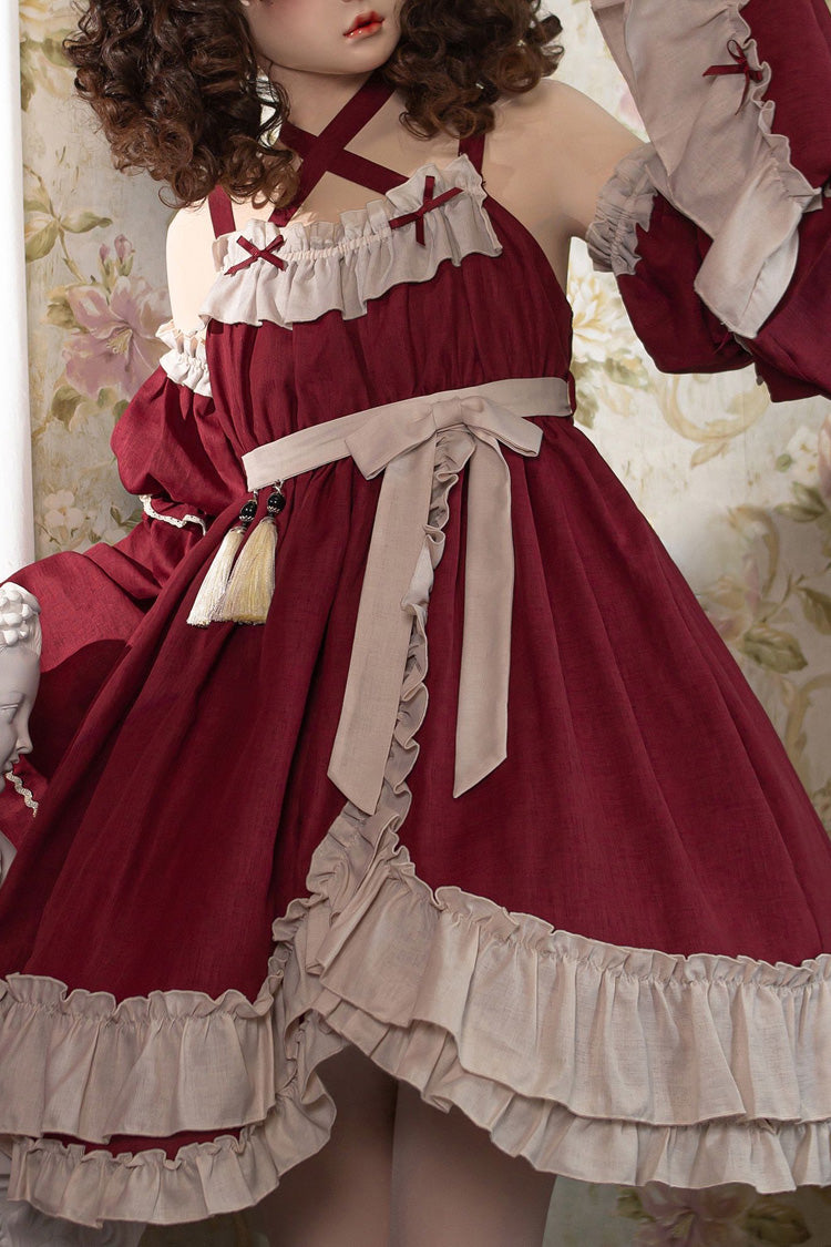 Red Monet Estate Sleeveless High Waisted Ruffle Bowknot Asymmetric Gothic Lolita Jsk Dress