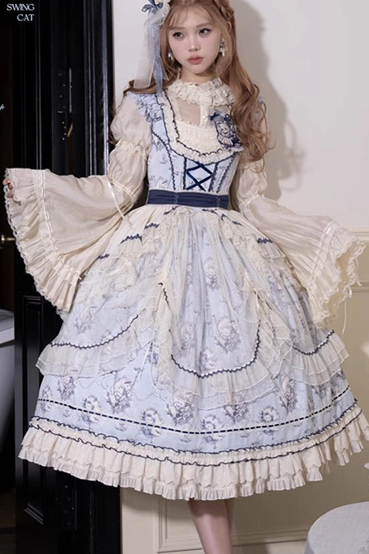 Blue Swing Cat Print Ruffle Bowknot Lace Sweet Elegant Lolita Jsk Dress