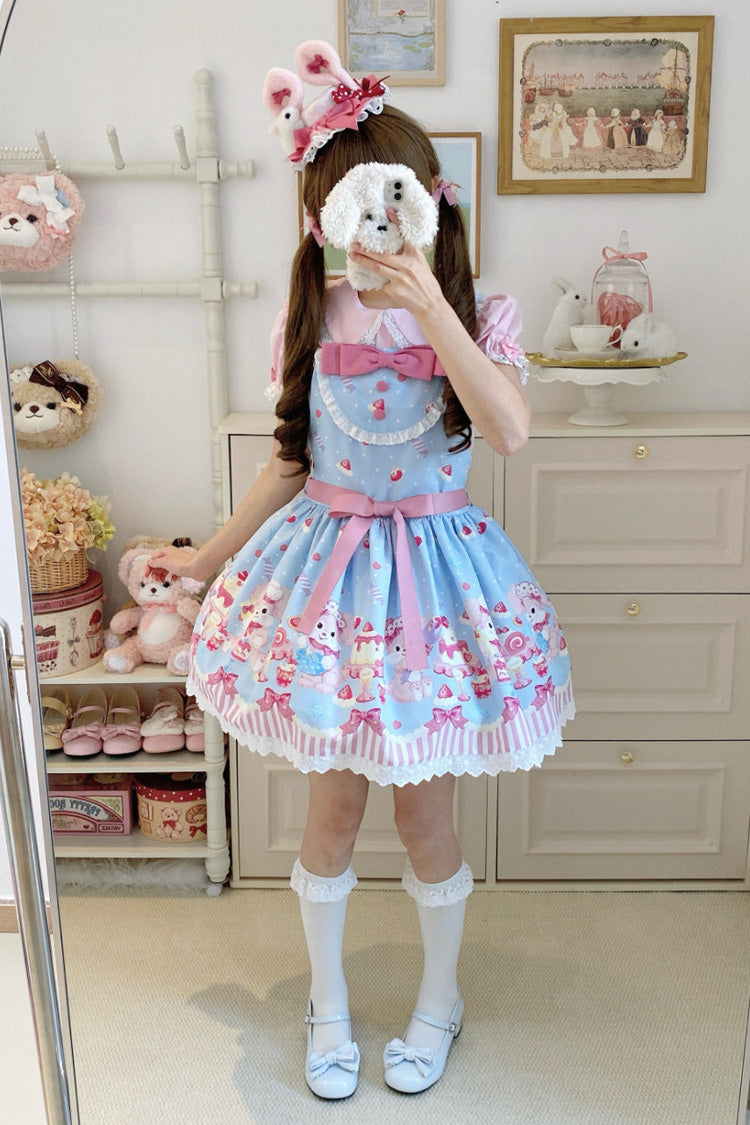 Blue/Pink Cupid Bunny Printed Sleeveless Bow Sweet Princess Lolita Strap Dress