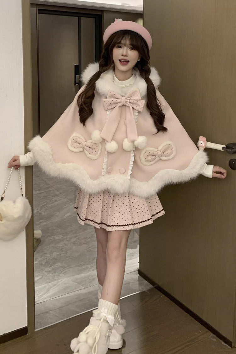 Pink Sea Salt Guava Polka Dot Printed Ruffled Bow Hooded Sweet Princess Lolita Dress Cloak Set