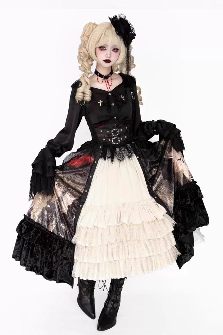 Heretical Nun Sleeveless Multi-Layered Printed Ruffled Open-Front Gothic Plus Size Lolita Strap Dress Short Version 2 Colors