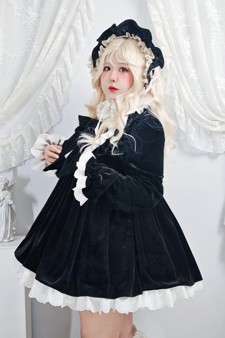 Black Antique Velvet Doll Stand Collar Long Sleeves Ruffled Bow Gothic Plus Size Lolita Dress
