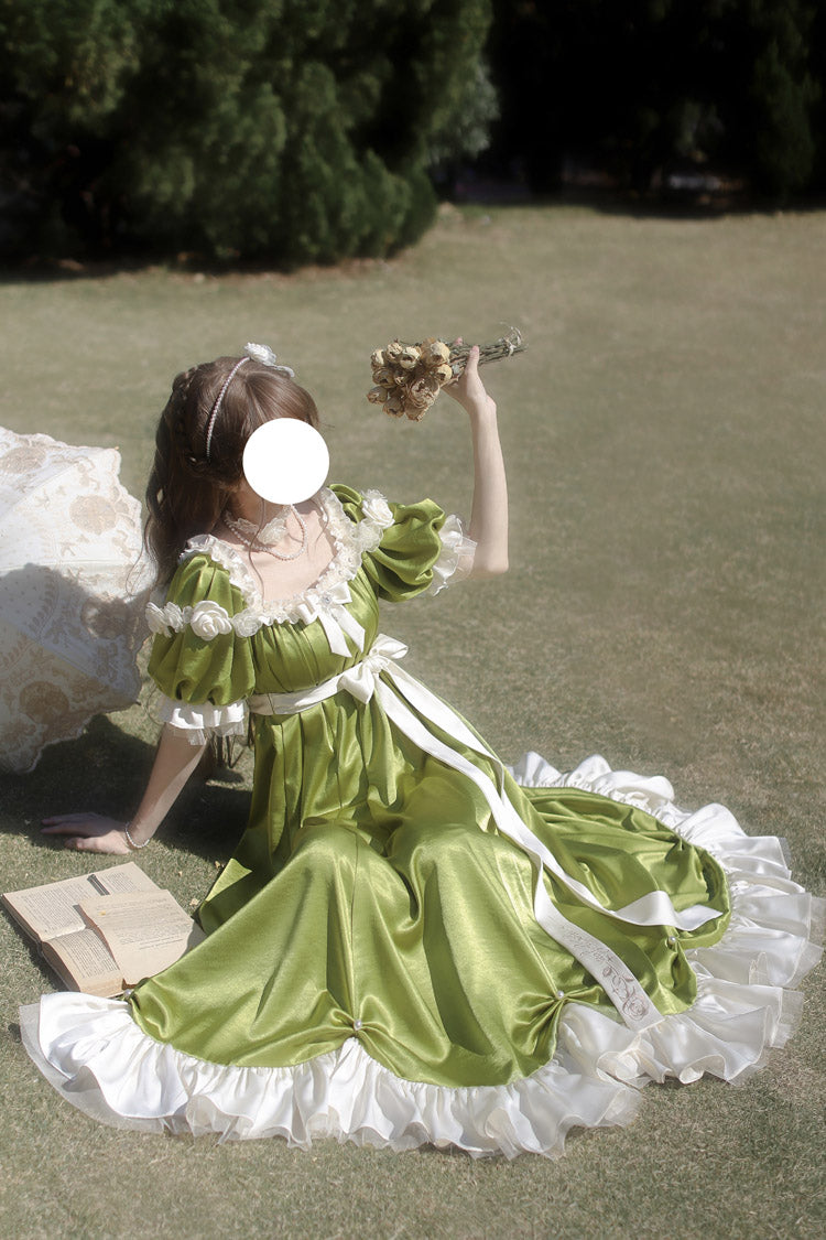 Green Square Collar Short Sleeves Ruffle Bowknot Sweet Regency-Style Vintage Lolita Dress