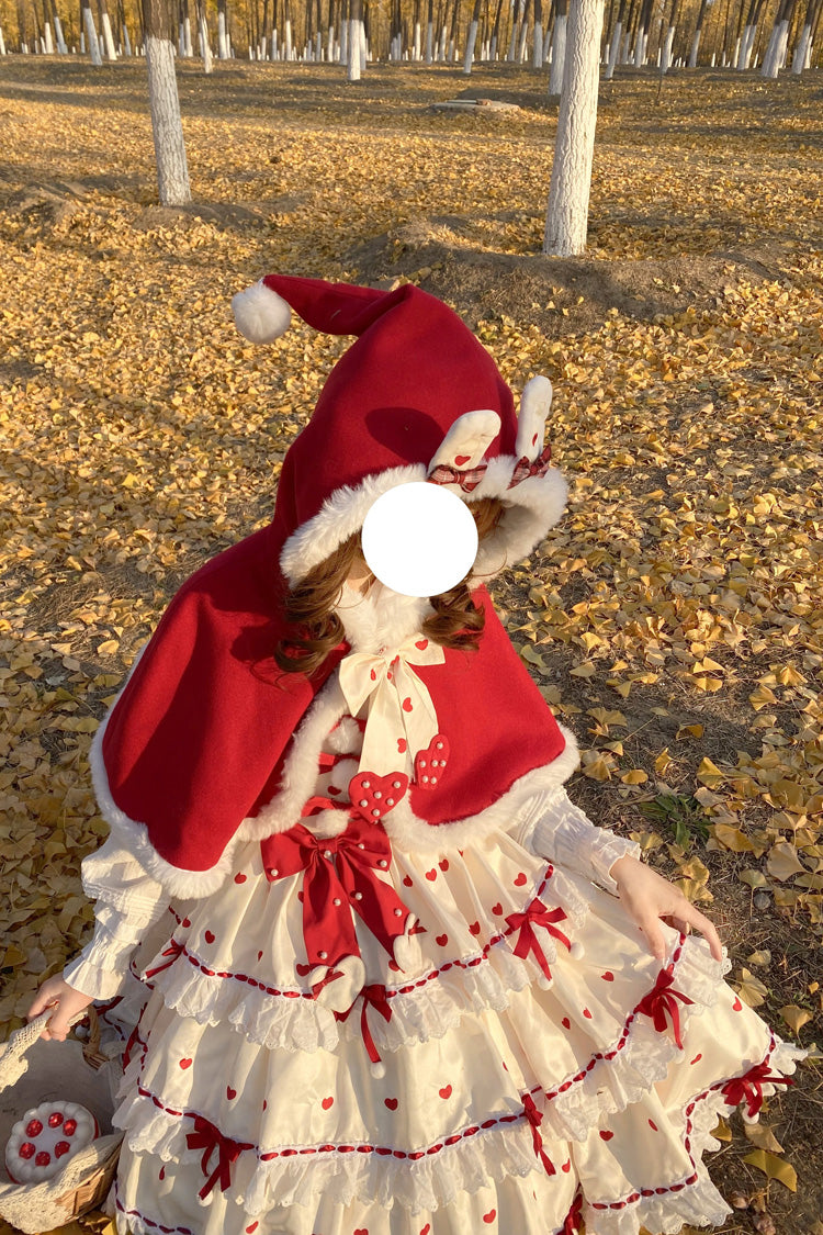 Red/Apricot Triple-Layered Print Ruffle Bowknot Lace Sweet Princess Lolita Dress Cloak Set
