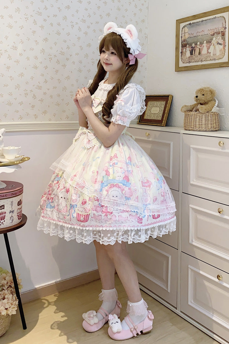 Yellow Cute Rabbit Sweet Cake Print Ruffle Bowknot Lace Sweet Lolita Jsk Dress
