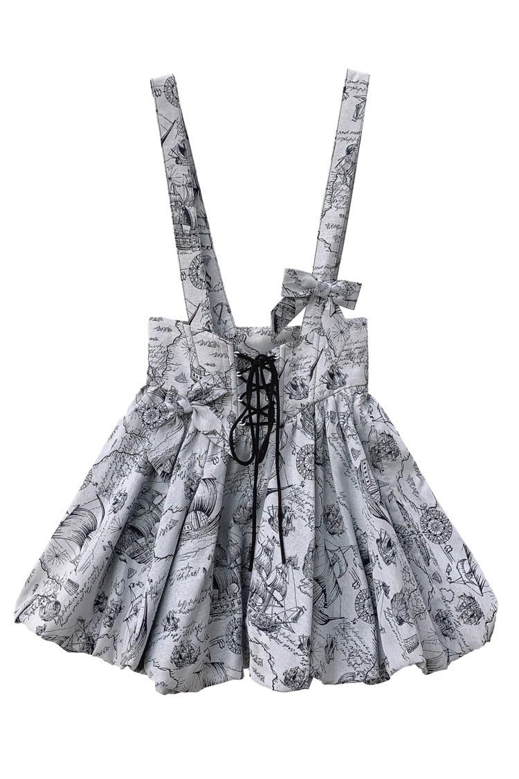 Grey Elise Print Bowknot Lace-Up Sweet Vintage Lolita Skirt