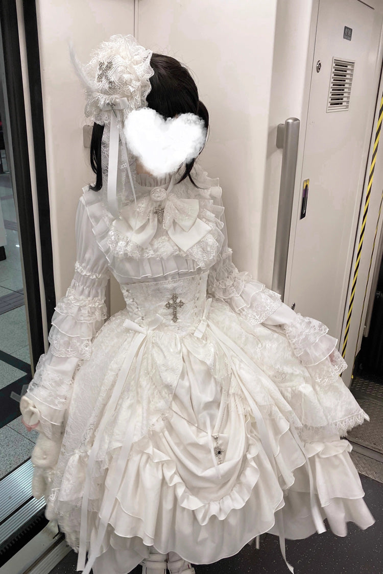 White Eternal Taboo Long Hime Sleeves Ruffled Bow Gothic Lolita Skirt Dress Set