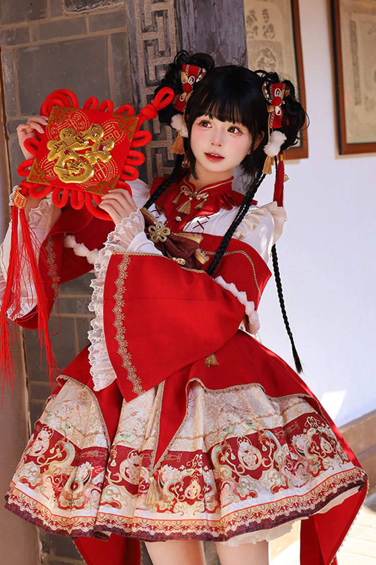 Red New Year Print Ruffle Bowknot Lace-Up Sweet Chinese Style Lolita Jsk Dress