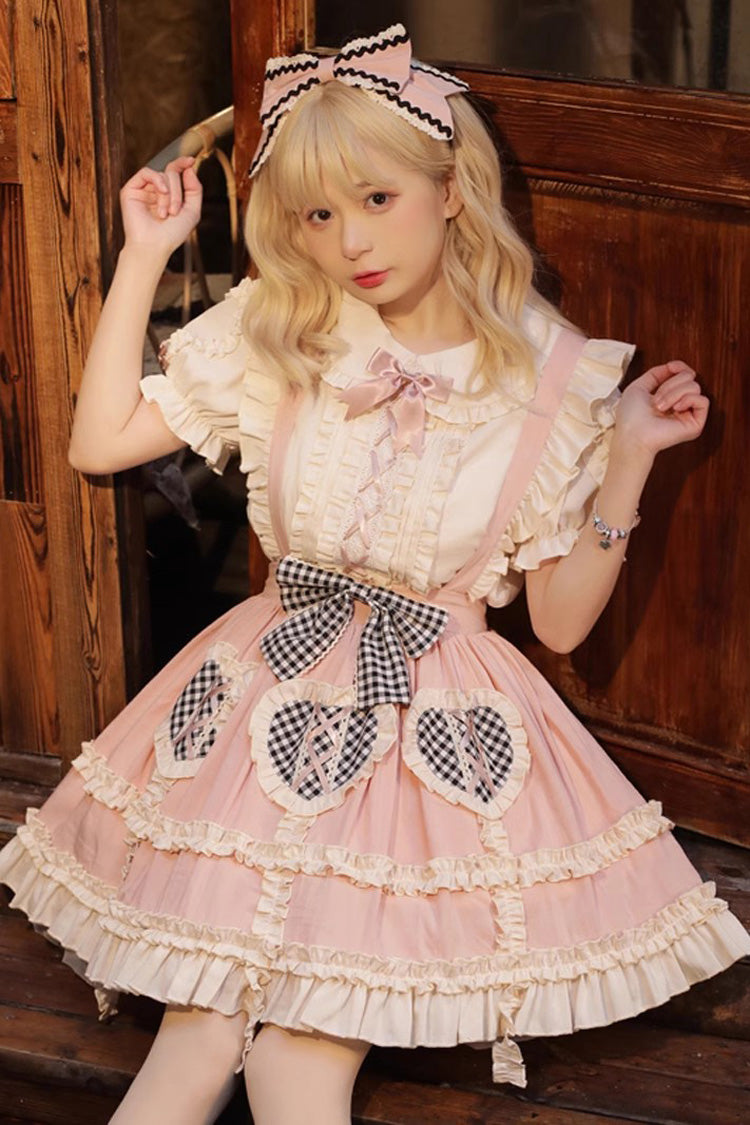 Pink Dorothy Heart Ruffle Bowknot Sweet Lolita Skirt Strap Dress