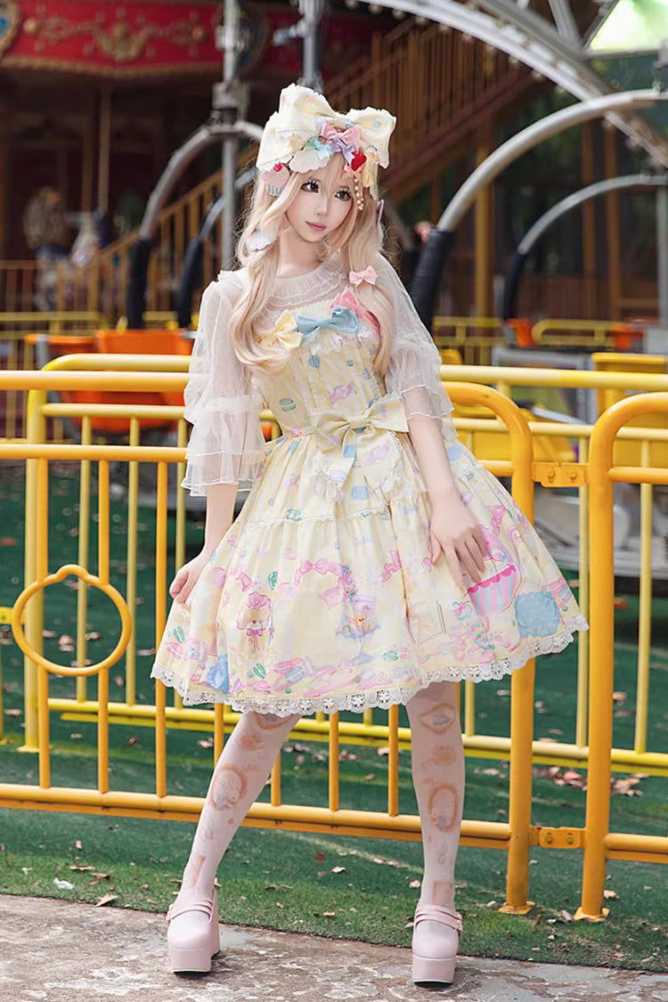 Yellow Macaron Dolly House Sleeveless Print Bowknot Sweet Lolita Jsk Dress