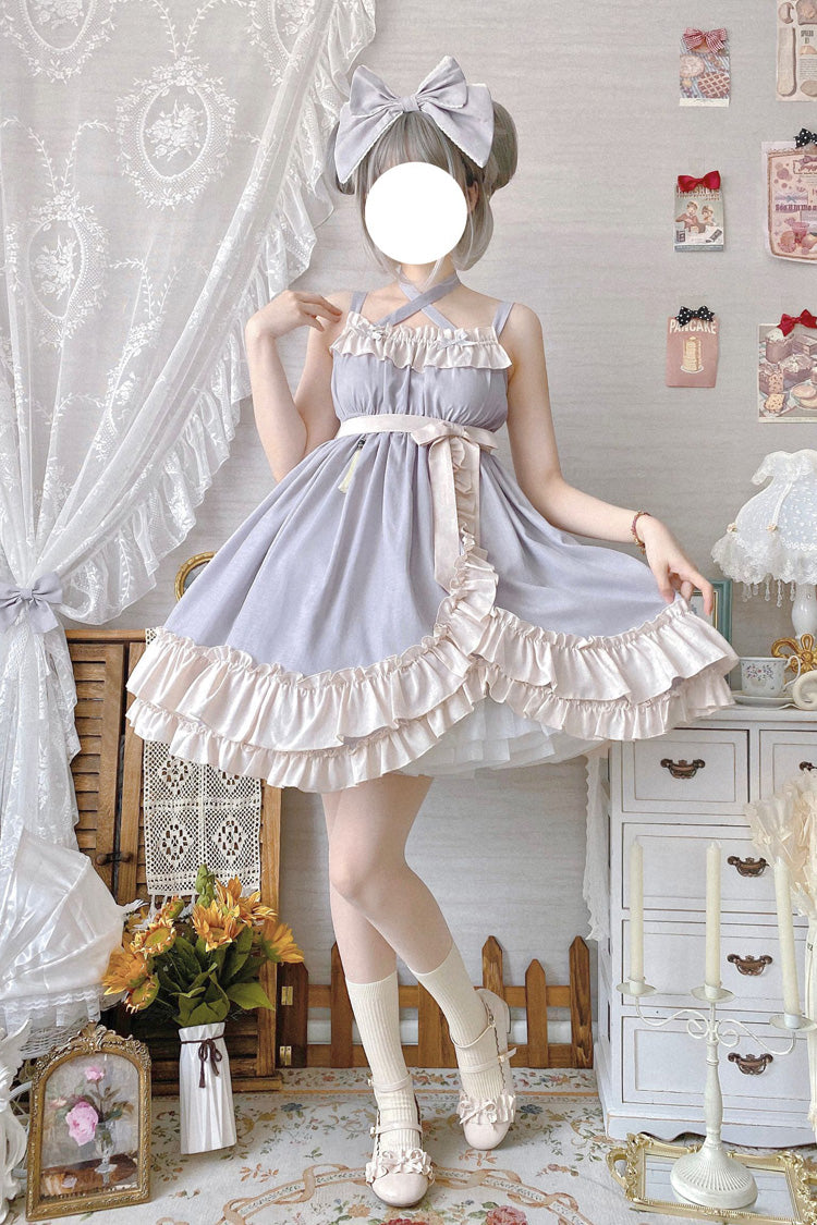 Grey Monet Estate Sleeveless High Waisted Ruffle Bowknot Asymmetric Sweet Lolita Jsk Dress