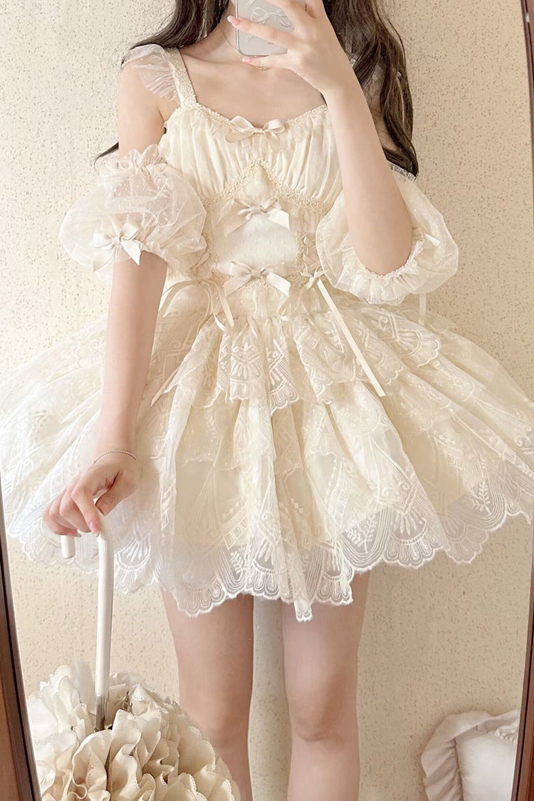 Ivory Tidal Triple-Layered Ruffle Bowknot Sweet Lolita Skirt 2 Versions