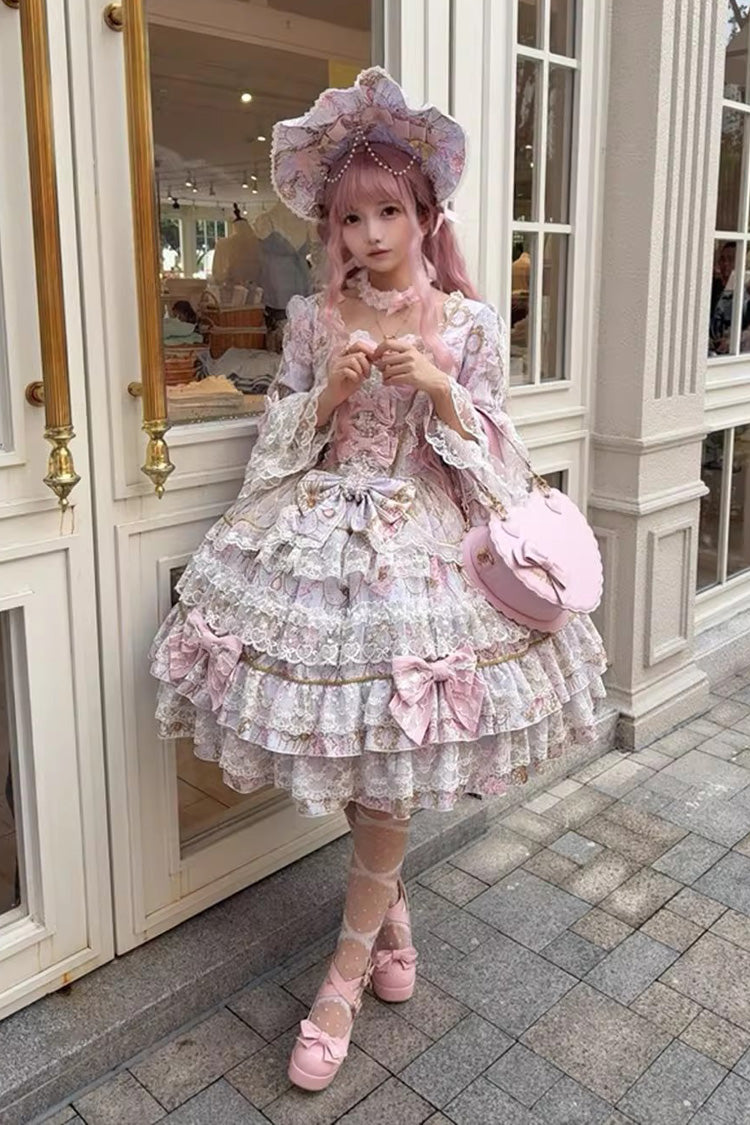 Purple Candlelight Elegance Long Trumpet Sleeves Multi-Layered Ruffle Bowknot Lace Sweet Elegant Lolita Dress