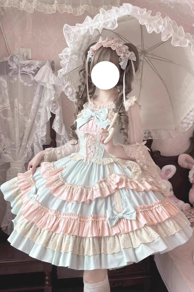 Blue/Pink Candy Sleeveless Multi-Layered Ruffle Bowknot Lace-Up Sweet Lolita Tiered Dress