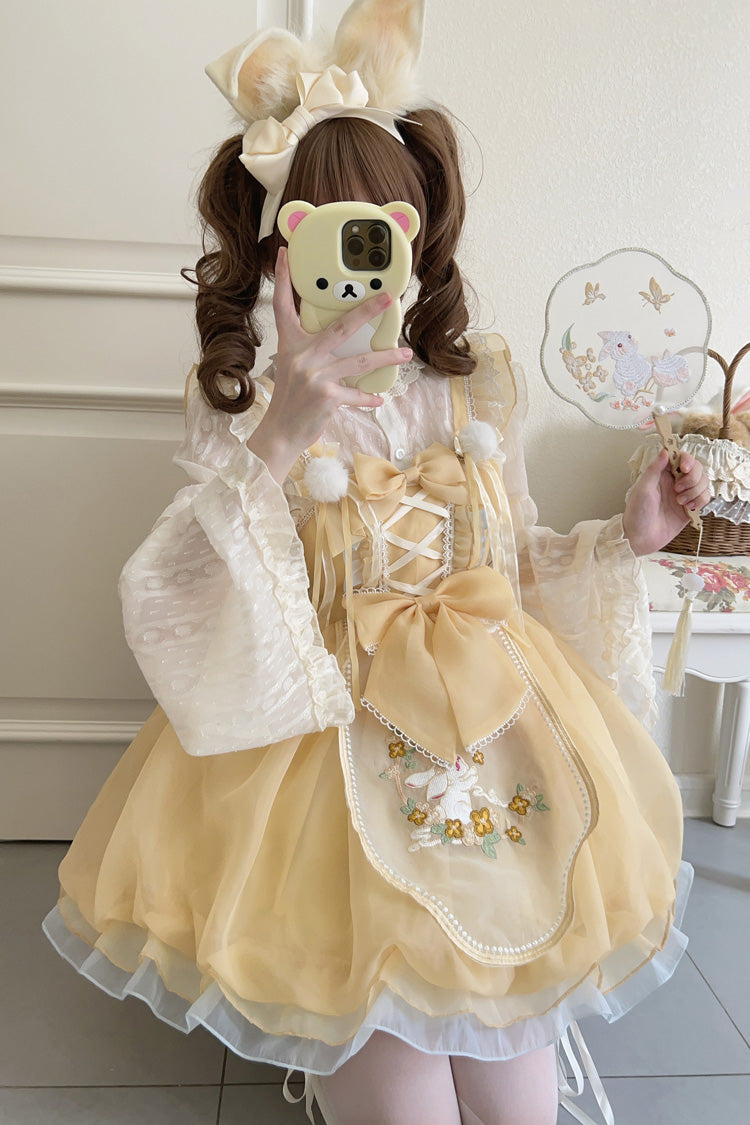 Yellow Moon Rabbit Shadow Embroidery Ruffle Bowknot Lace Sweet Lolita Jsk Dress
