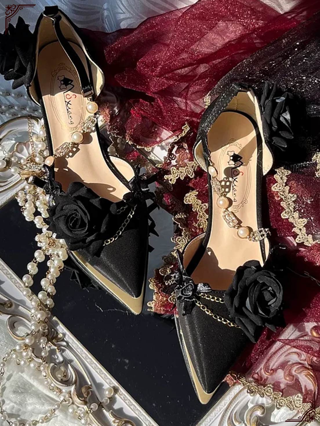 Dark Rose Goth Lolita Gorgeous Pointed-toe Mid Heel Lolita Shoes Part Shoes