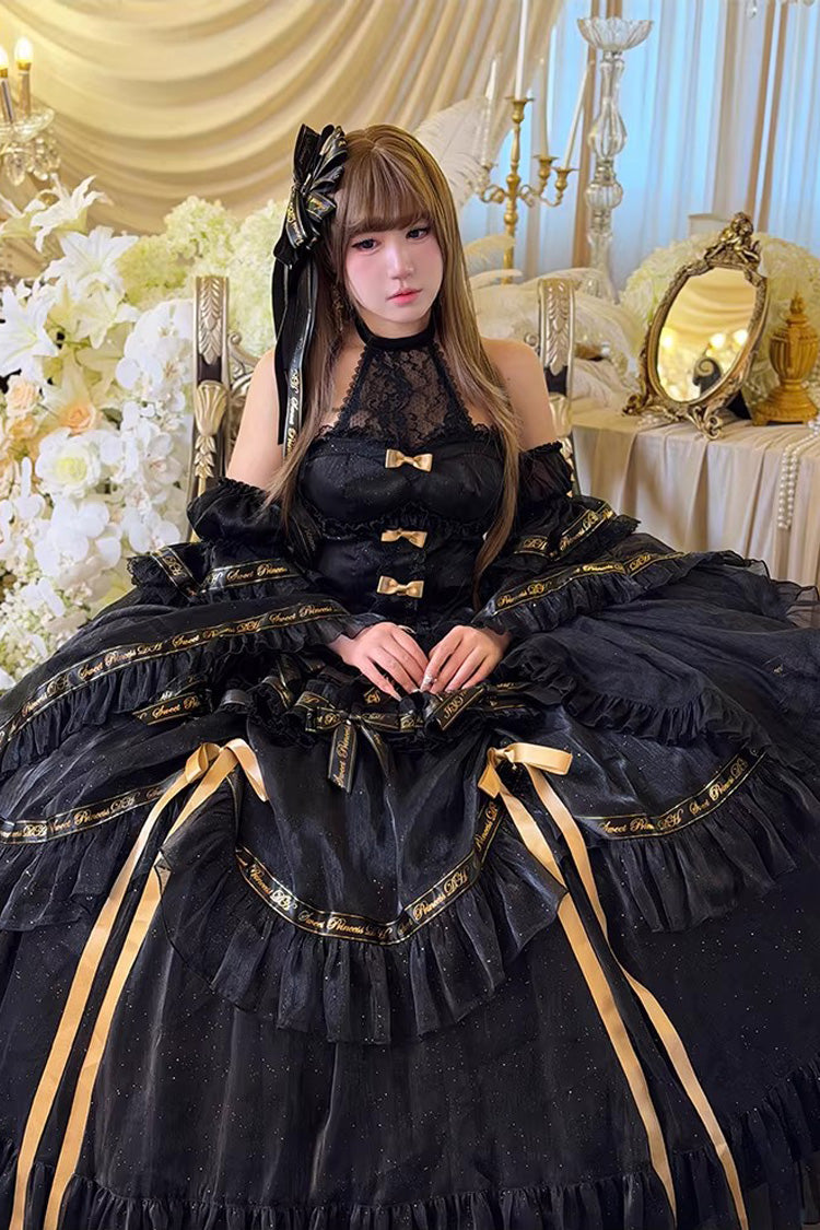 Black Obsidian Banquet Double-Layered Ruffled Hanayome Bow Lace Sweet Gothic Princess Lolita Jsk Dress