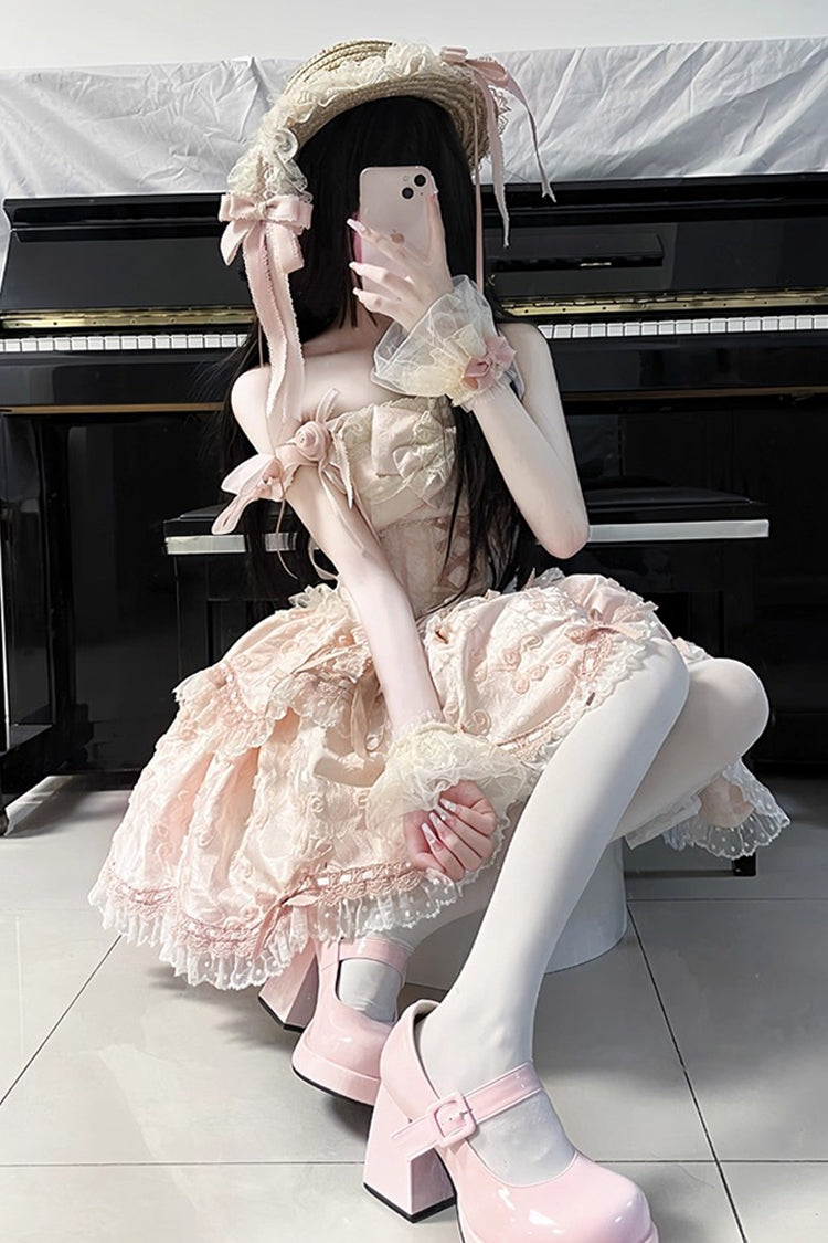 Pink Floral Overture Double-Layered Ruffle Embroidery Bowknot Lace Sweet Lolita Jsk Dress