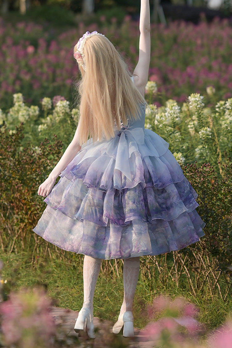 Multi-Color Three-layer Swan Lake Print Oil Painting Ruffle Bowknot Sweet Lolita Jsk Dress