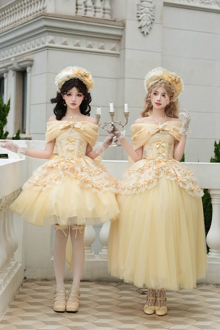 Yellow Sissi's Pilgrimage Off Shoulder Ruffle Bowknot Lace Sweet Lolita Skirt (Short Version)