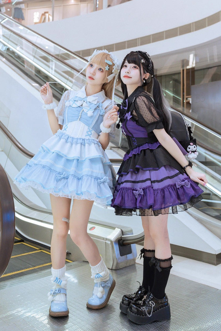 Black/Purple Cotton Cloud Lapel Collar Ruffle Bowknot Lace-Up Gothic Lolita Jsk Dress