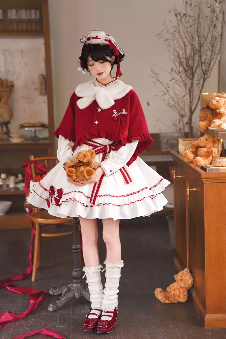 Red/White Red Vow Stand Collar Long Sleeves Multi-Layered Ruffled Bow Sweet Lolita Dress