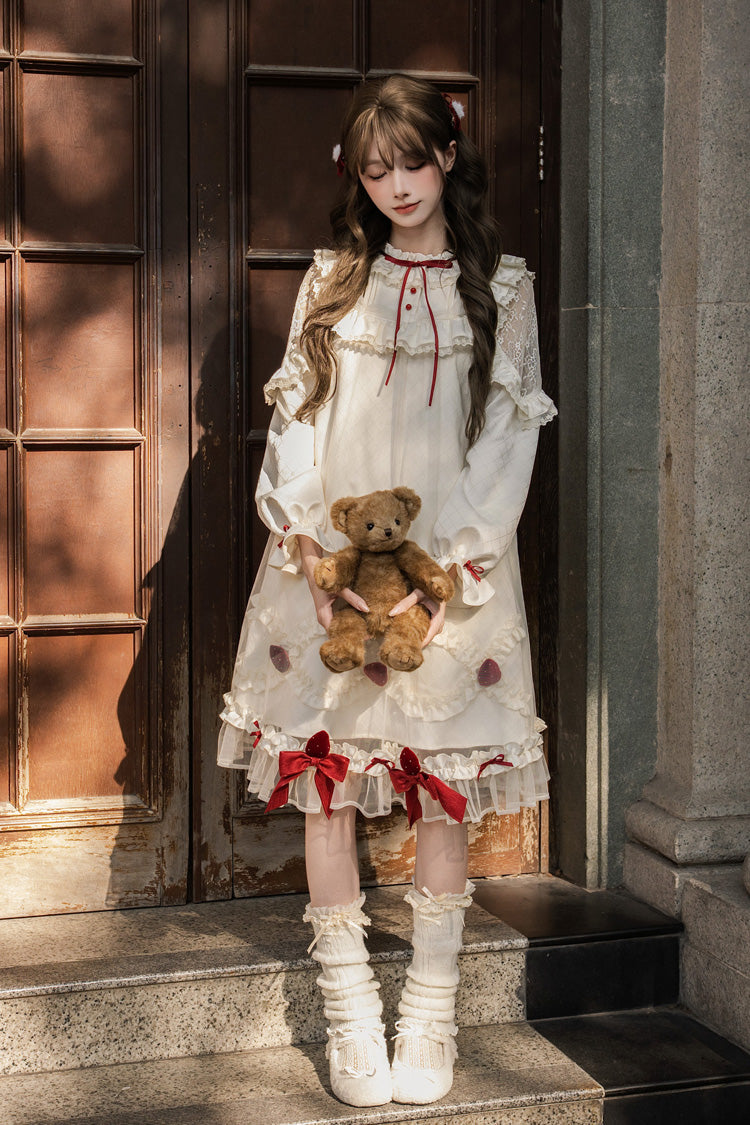 Ivory Strawberry Cream Cake Stand Collar Long Sleeves Ruffled Bow Lace Sweet Lolita Dress