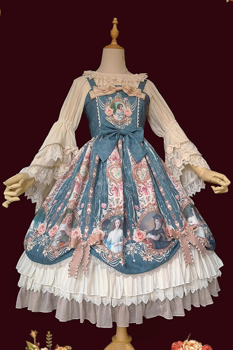 Portrait of A Little Lady Print Ruffle Bowknot Lace Classic Vintage Elegant Lolita Jsk Dress 3 Colors
