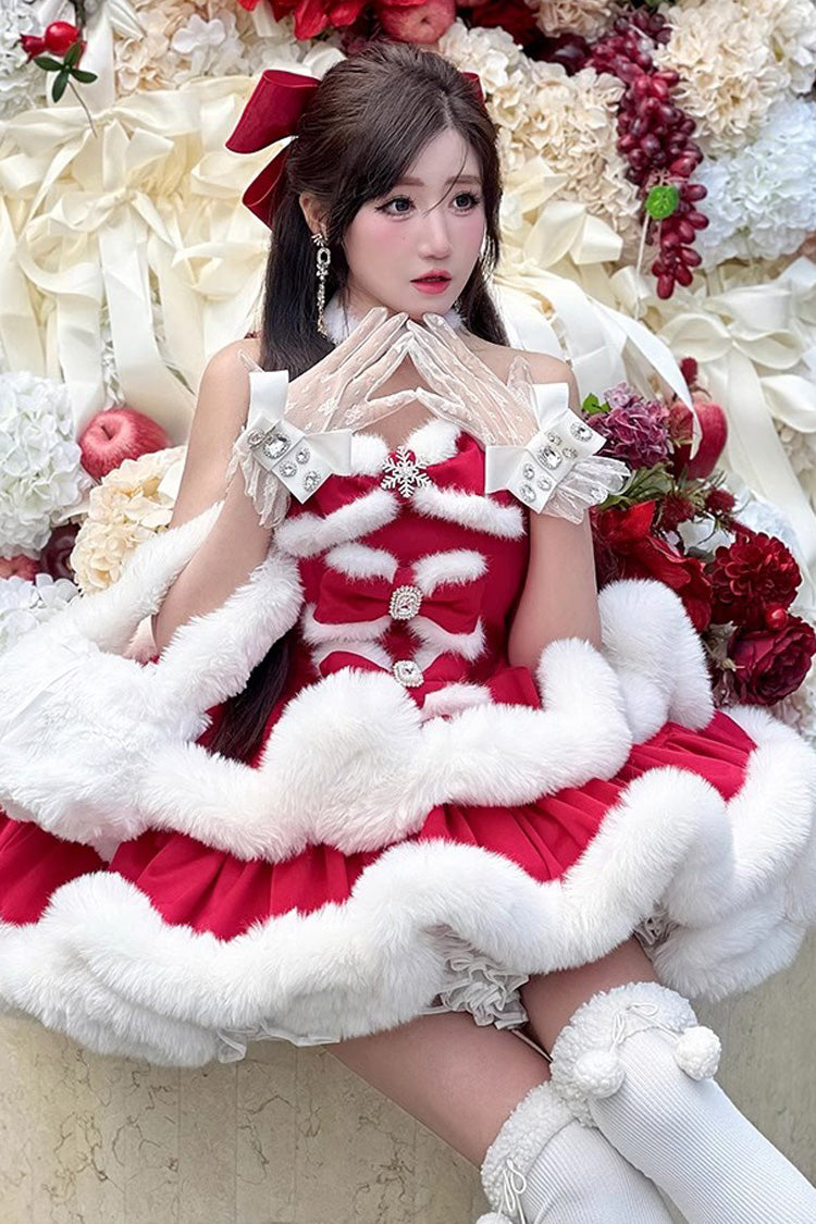 Red Holiday Double-Layered Bowknot Sweet Princess Lolita Strapless Dress