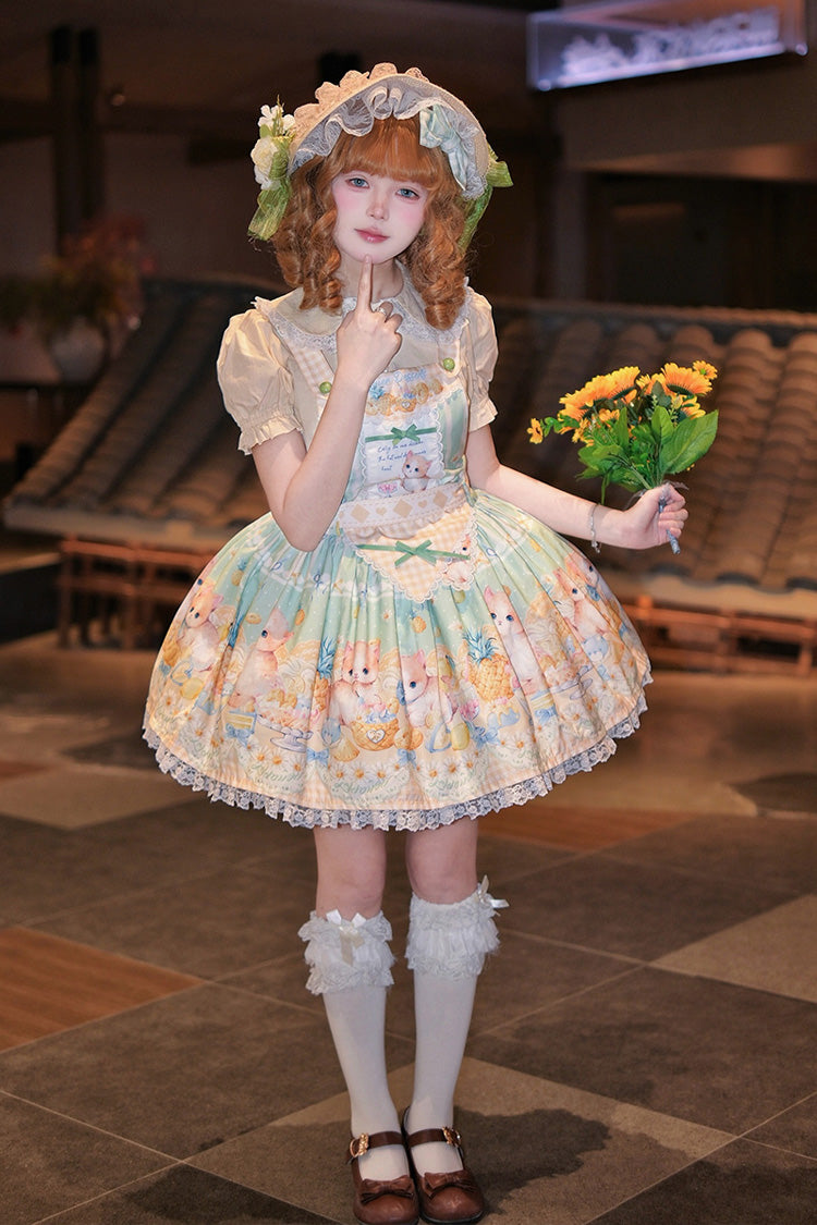 Green Pineapple Cat Print Sleeveless Bowknot Lace Sweet Lolita Strap Dress