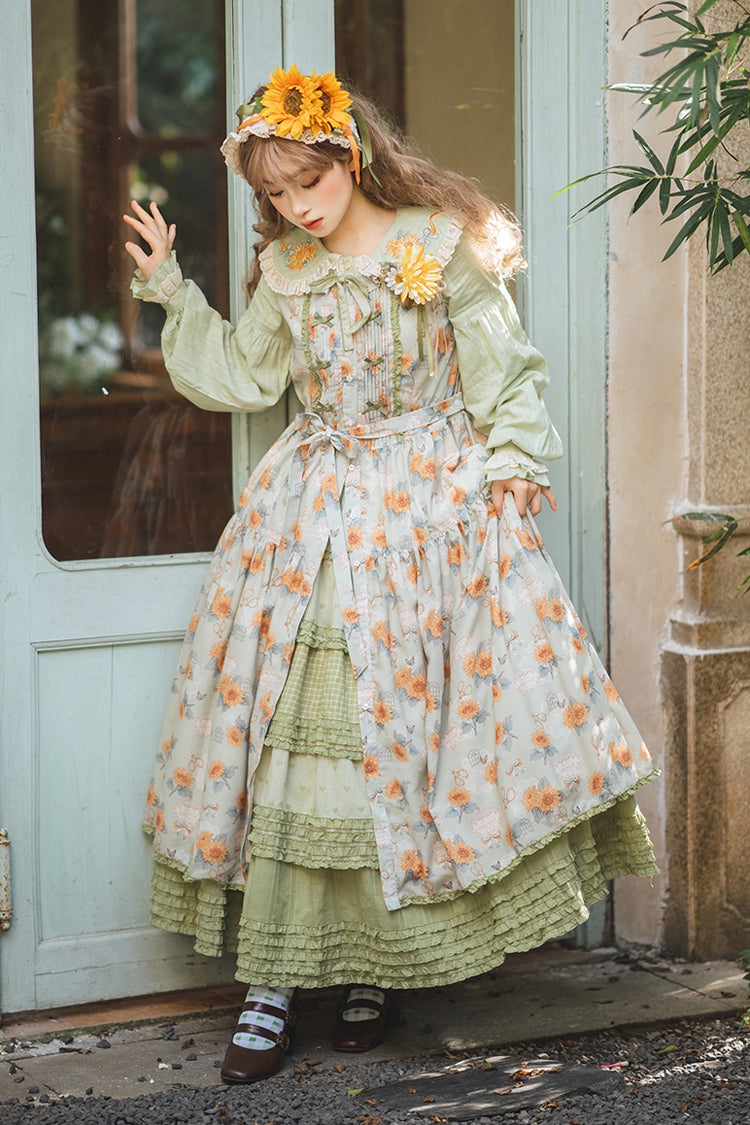 Green Gardening Sunflower Sleeveless Print Ruffle Bowknot Sweet Elegant Lolita Jsk Dress