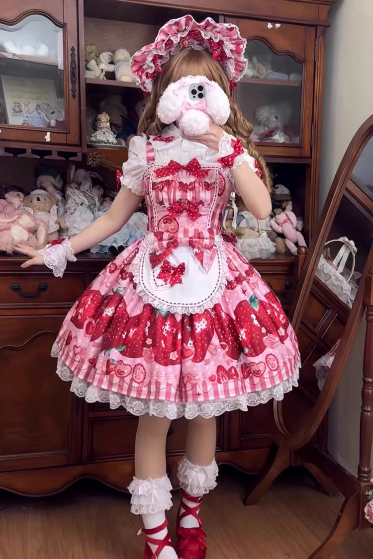 Dream to Strawberry Print Ruffle Bowknot Lace Sweet Lolita Jsk Dress 4 Colors