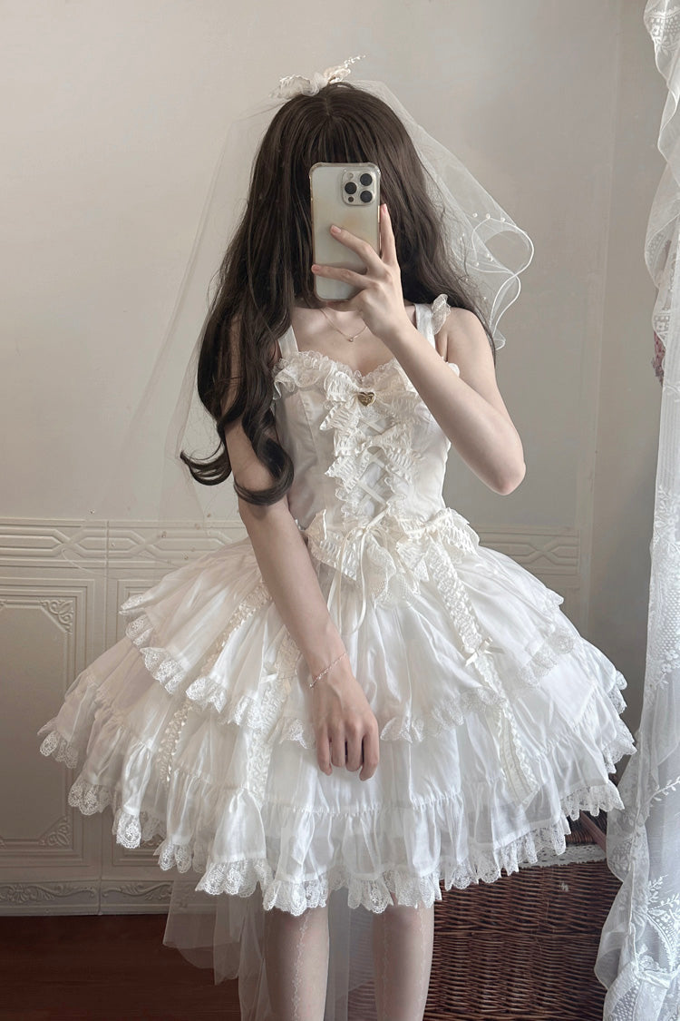 White Sweetheart Splolita Ruffle Bowknot Lace-Up Sweet Lolita Skirt Set