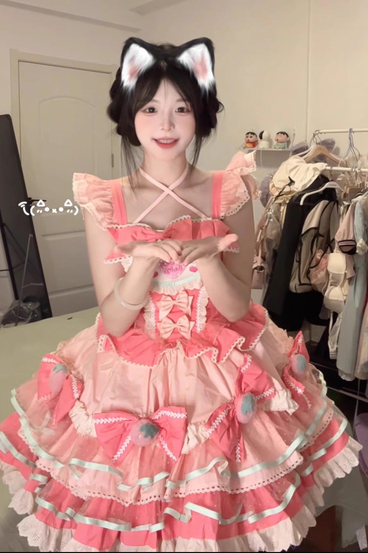Pink Multi-Layered Cream Strawberries Print Ruffle Bowknot Sweet Lolita Tiered Dress