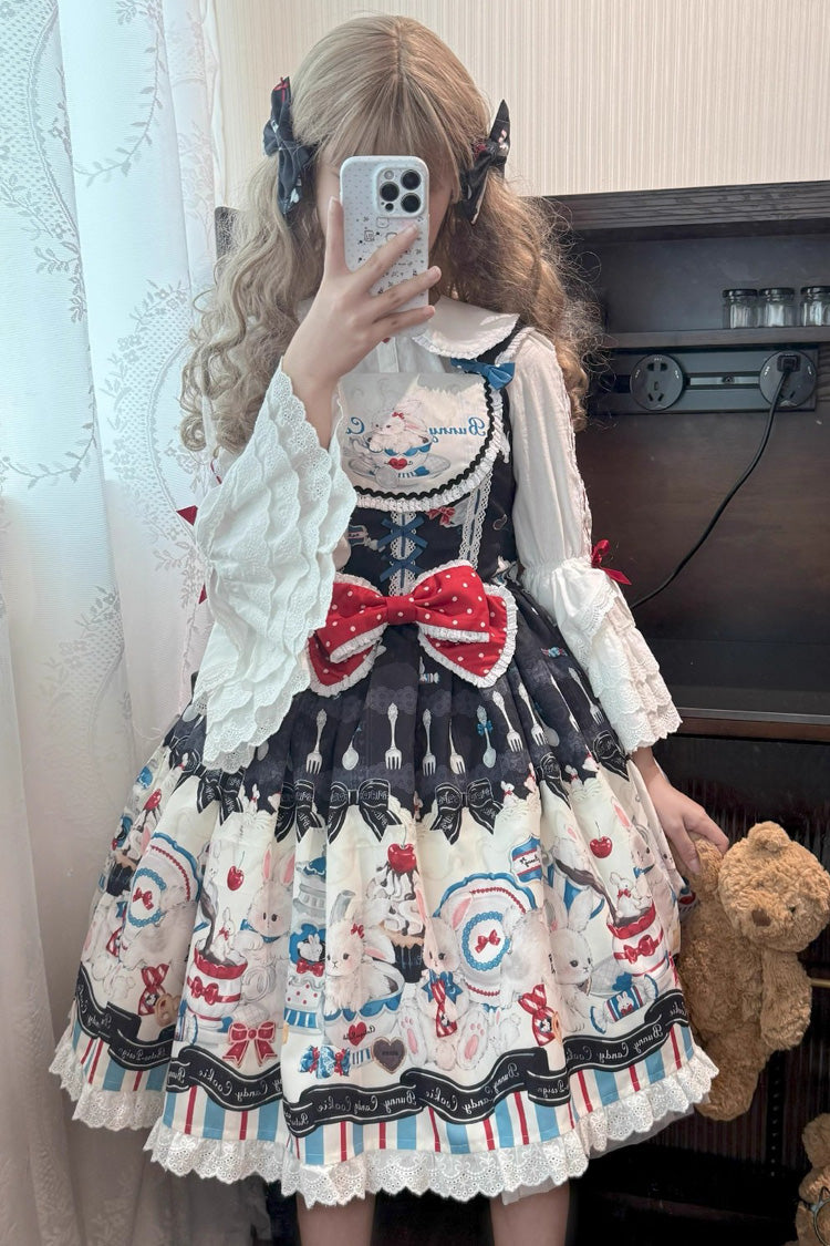 Black Mystery Rabbit Tea Party Sleeveless Print Ruffle Bowknot Lace Sweet Lolita Jsk Dress
