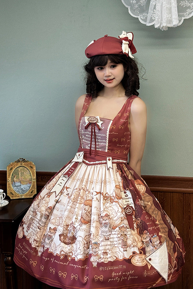 Wine Red Fox Band Print Square Collar Bowknot Classic Lolita Jumper Dress