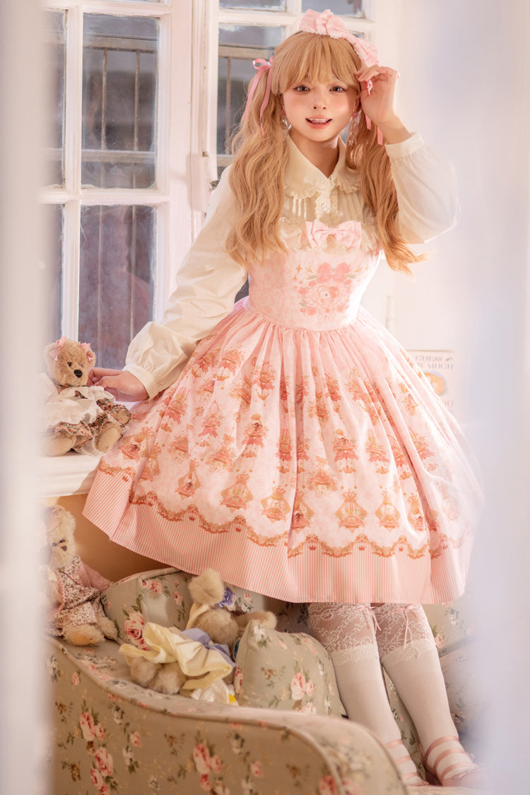 Pink Rose Garden Rabbit Print Ruffle Bowknot Sweet Lolita Dress