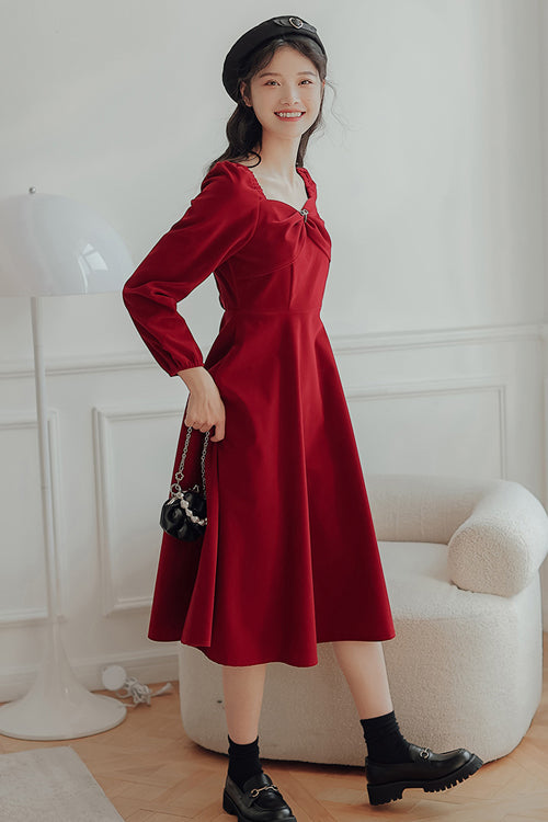 Red French Hepburn Velvet Square Collar Long Sleeves High Waisted Sweet Lolita OP Dress