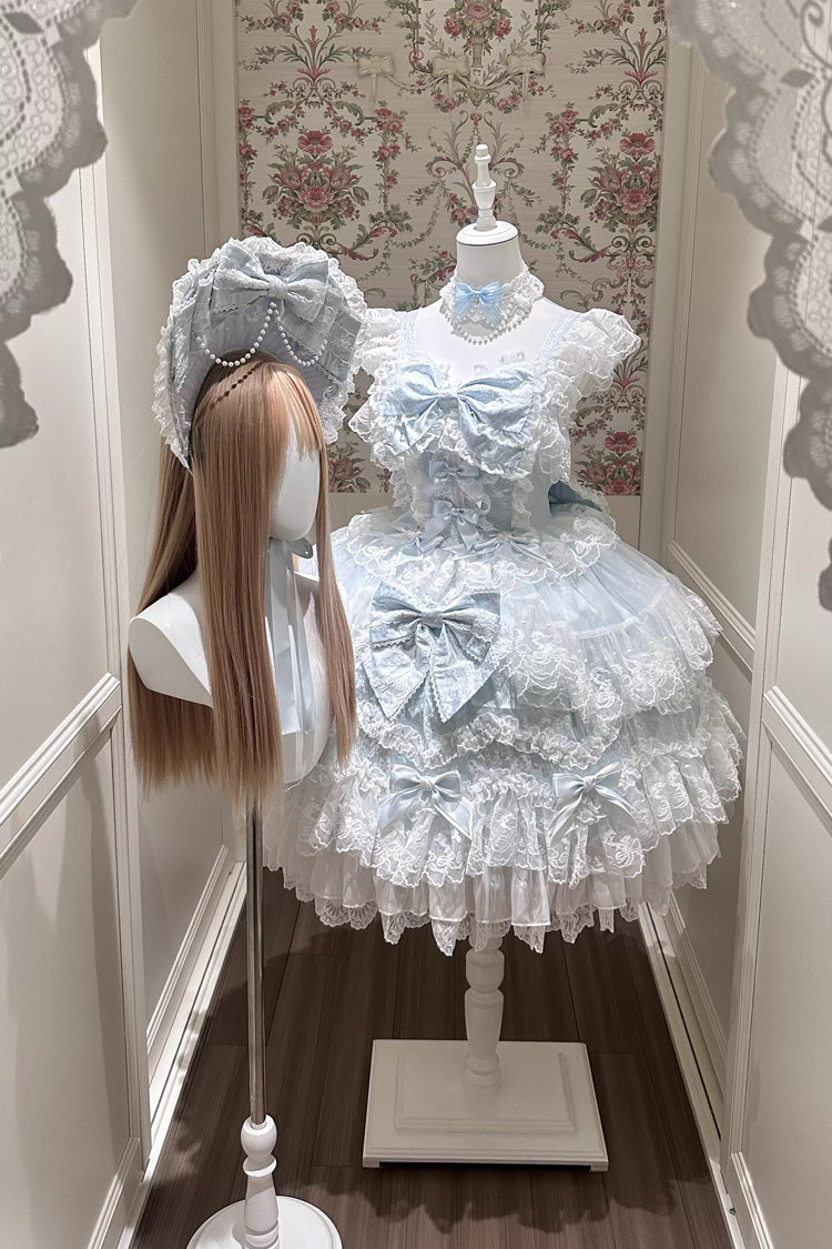 Blue Sakura Dream Romance Sleeveless Multi-Layered Ruffled Hanayome Bow Lace Sweet Princess Lolita Jsk Dress