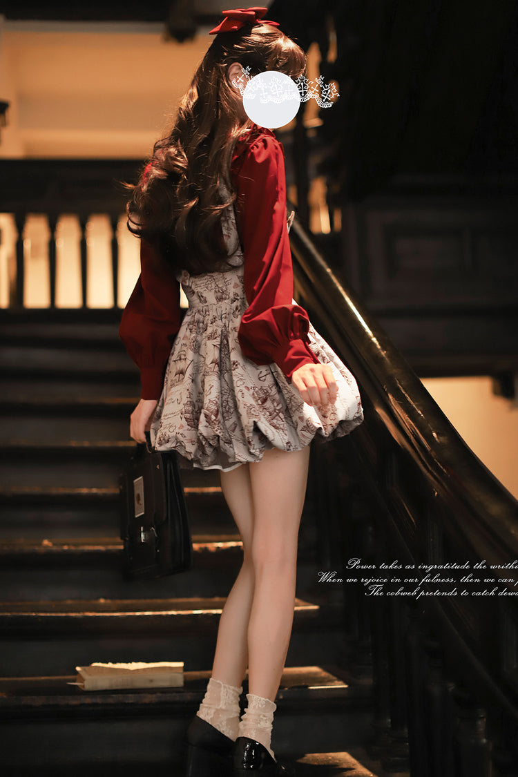 Grey Elise Print Ruffle Lace-Up Sweet Lolita Skirt