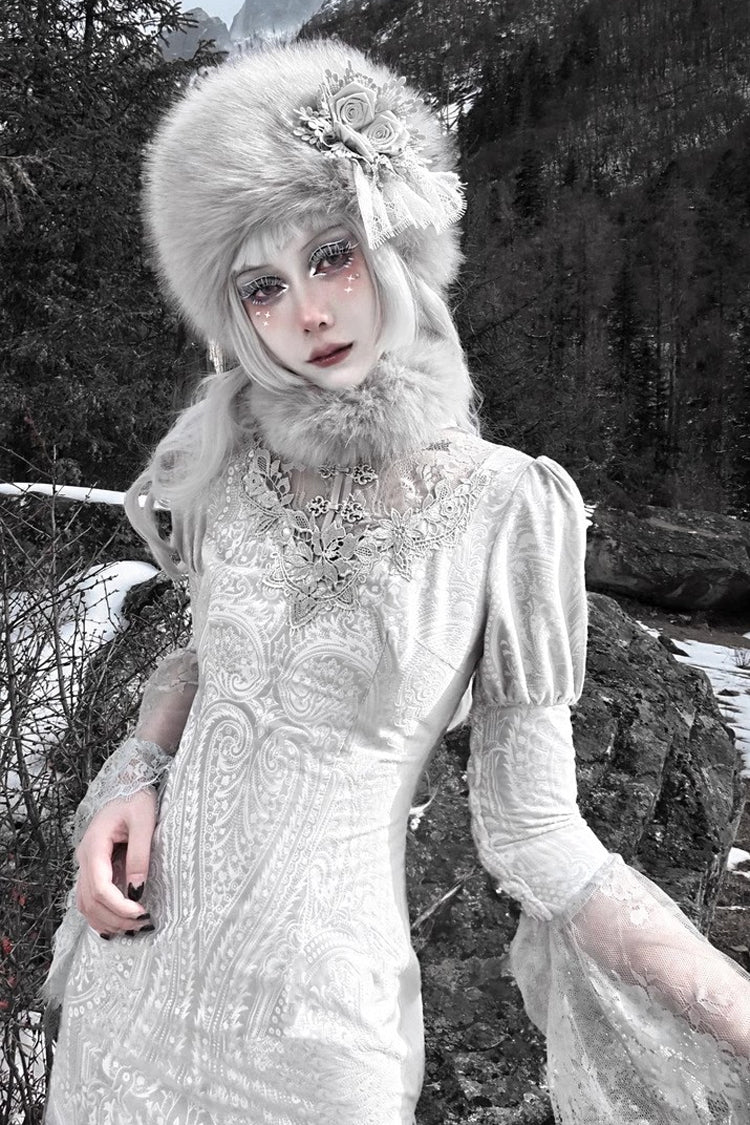 Silver The Call of the Snow Country V Collar Long Sleeves High Waisted Ruffle Lace Gothic Lolita Fishtail Dress