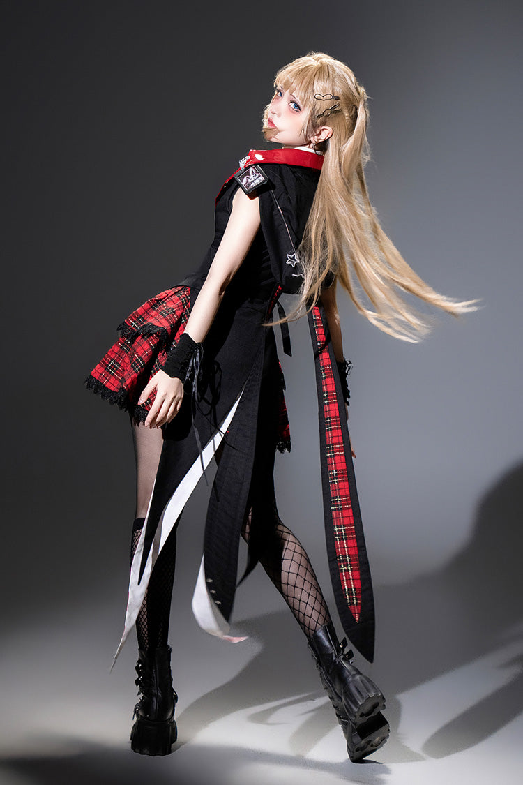 Black/Red Rock Bunny Sleeveless Double-Layered Embroidery Hooded Punk Lolita Skirt Set