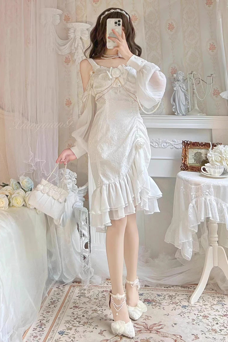White Camellia 2.0 Sleeveless Jacquard Ruffle Lace Asymmetric Sweet Chinese Style Fishtail Lolita Jsk Dress