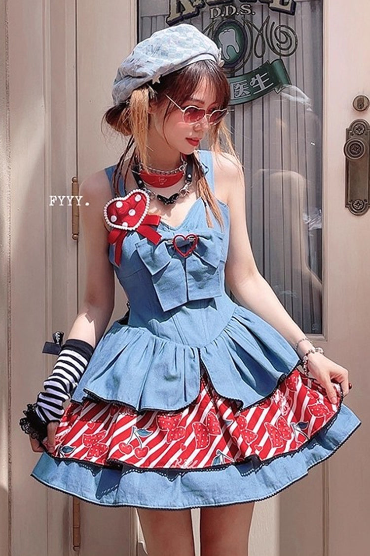 Blue Cherry Sleeveless Triple-Layered Print Ruffle Bowknot Denim Sweet Japanese Vintage Lolita Jsk Dress