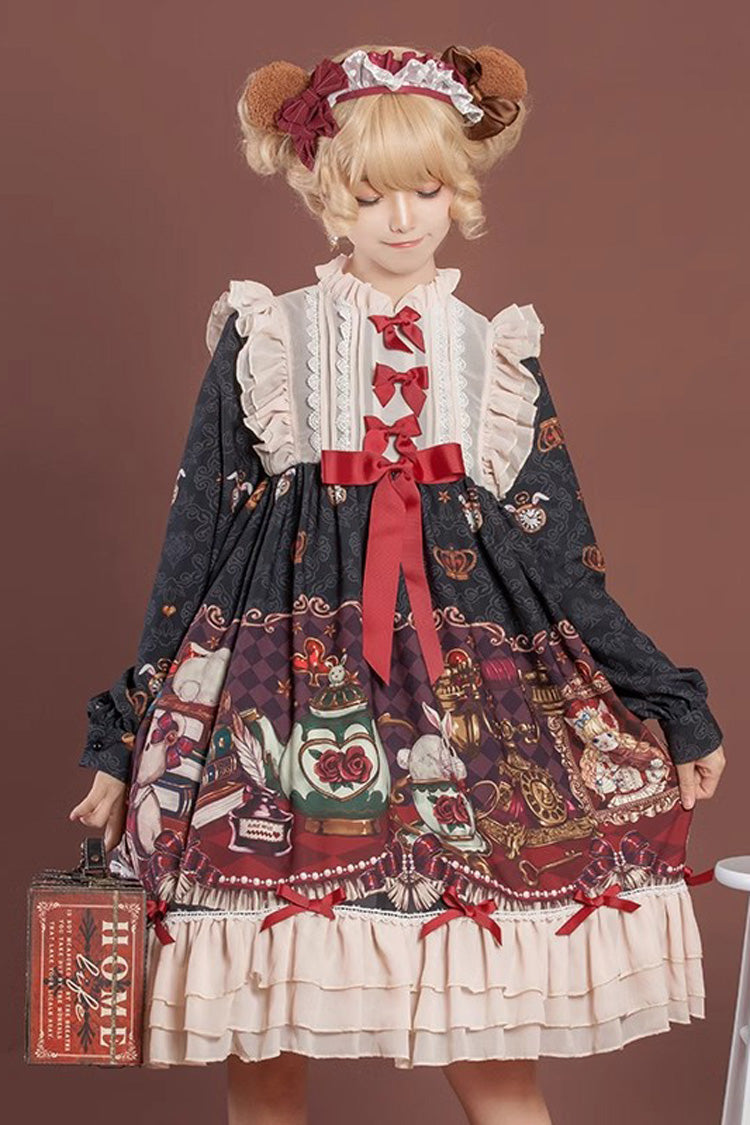 Rabbit and Bear Feast  Long Sleeves Multi-Layered Print Ruffle Bowknot Sweet Lolita Dress 2 Colors