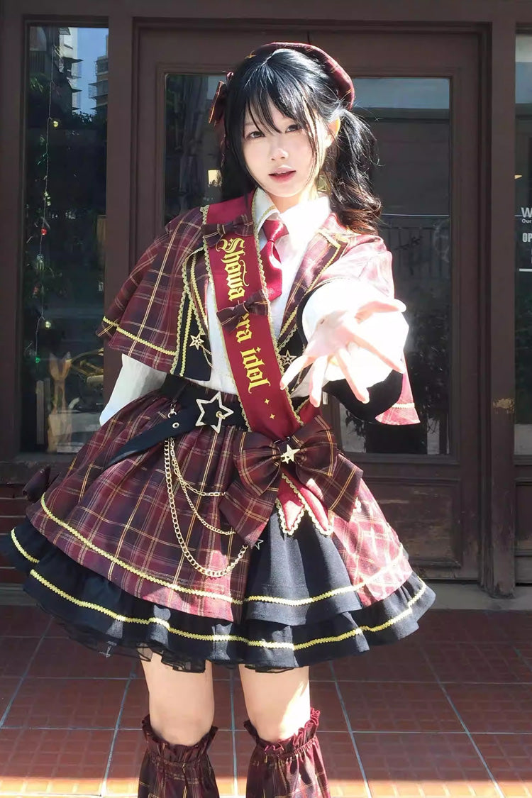 Red Shōwa Little Idol Lapel Collar Long Sleeves Ruffled Open-Front Bow Asymmetric Classic Lolita Skirt Set