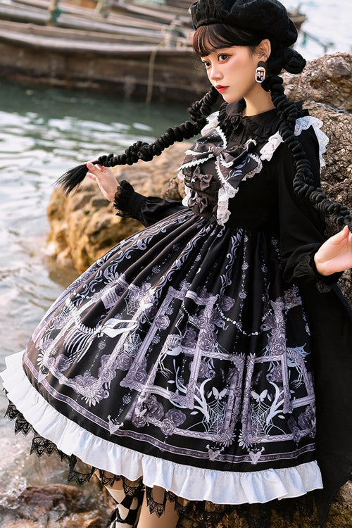 Front And Back Big Bows Passing Dream Pattern Print Gothic Lolita JSK Dress