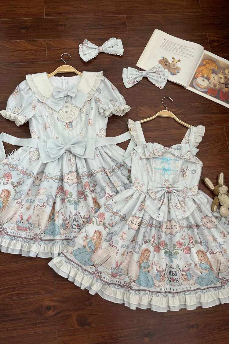 Light Blue The Princess's Magical Diary Printed Short Sleeves Ruffled Bow Sweet Princess Lolita Dress